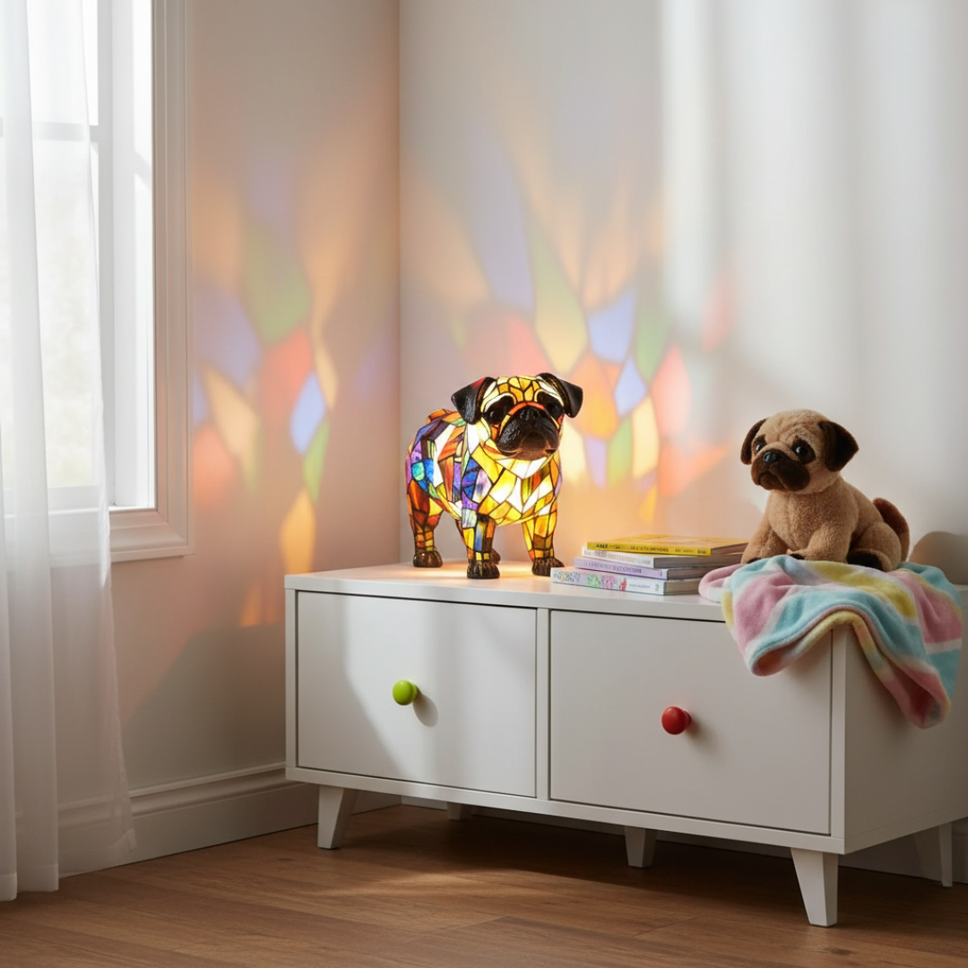 Lampada Decorativa Premium – Pippa, a pug de brilho eterno e lareira aconchegante